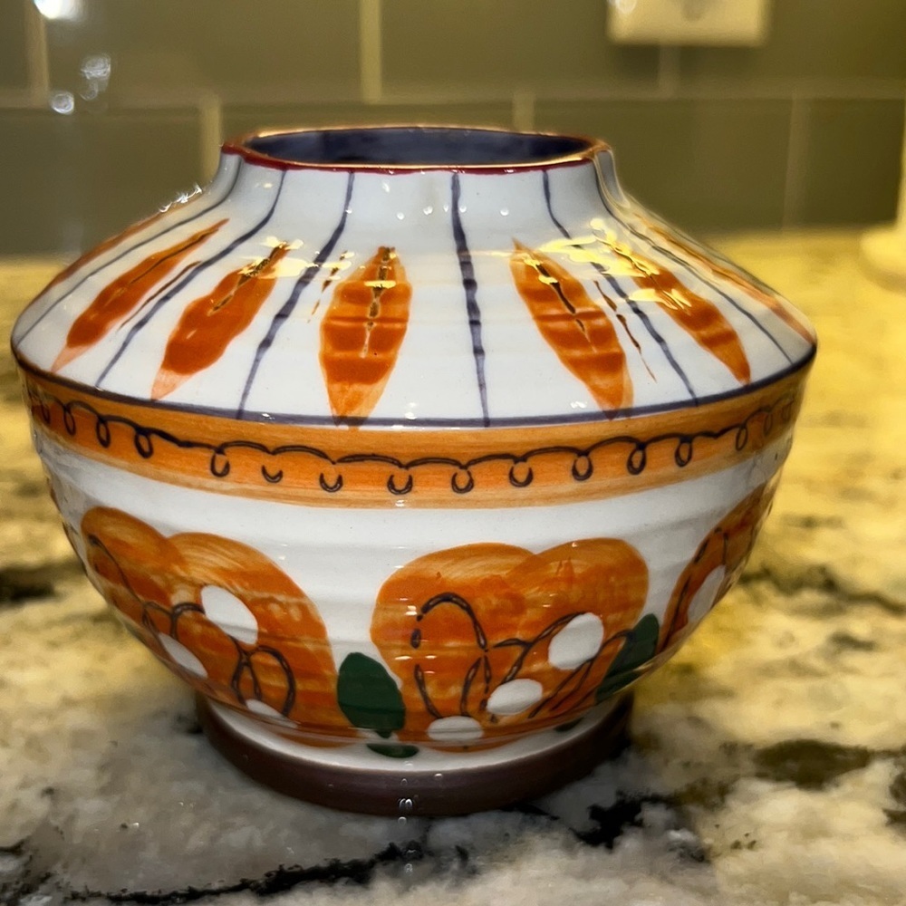 Anthropologie Vase Floral 3.75” Multicolor Ceramic orange ivory green handpaint‌